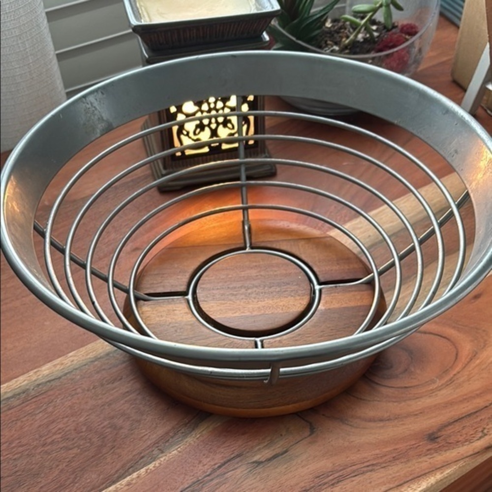 Silver and Wood Decorative Fruit Vegetable Bowl